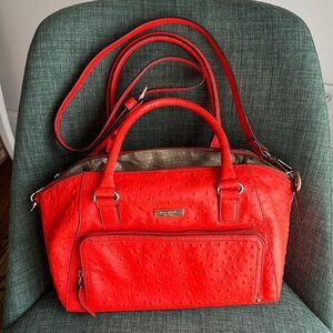 Kate Spade Neon Orange shoulder handle bag purse ostrich print - some wear read!